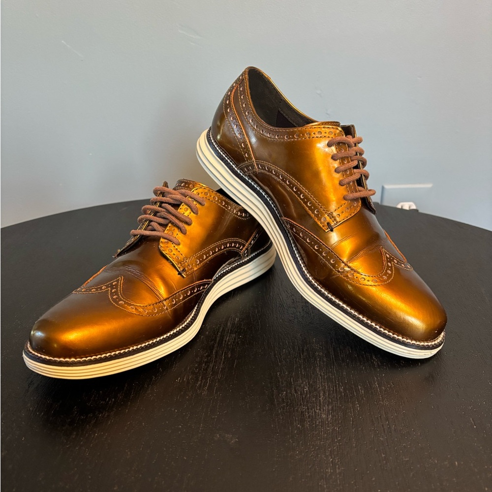 Men's Cole Haan Gold Patent Leather Original Grand Wingtip Shoes Size 8